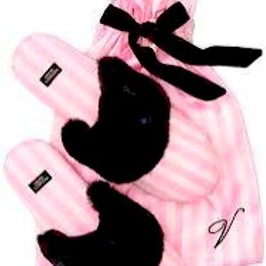 Victoria Secret Pink Stripe with black fur slippers